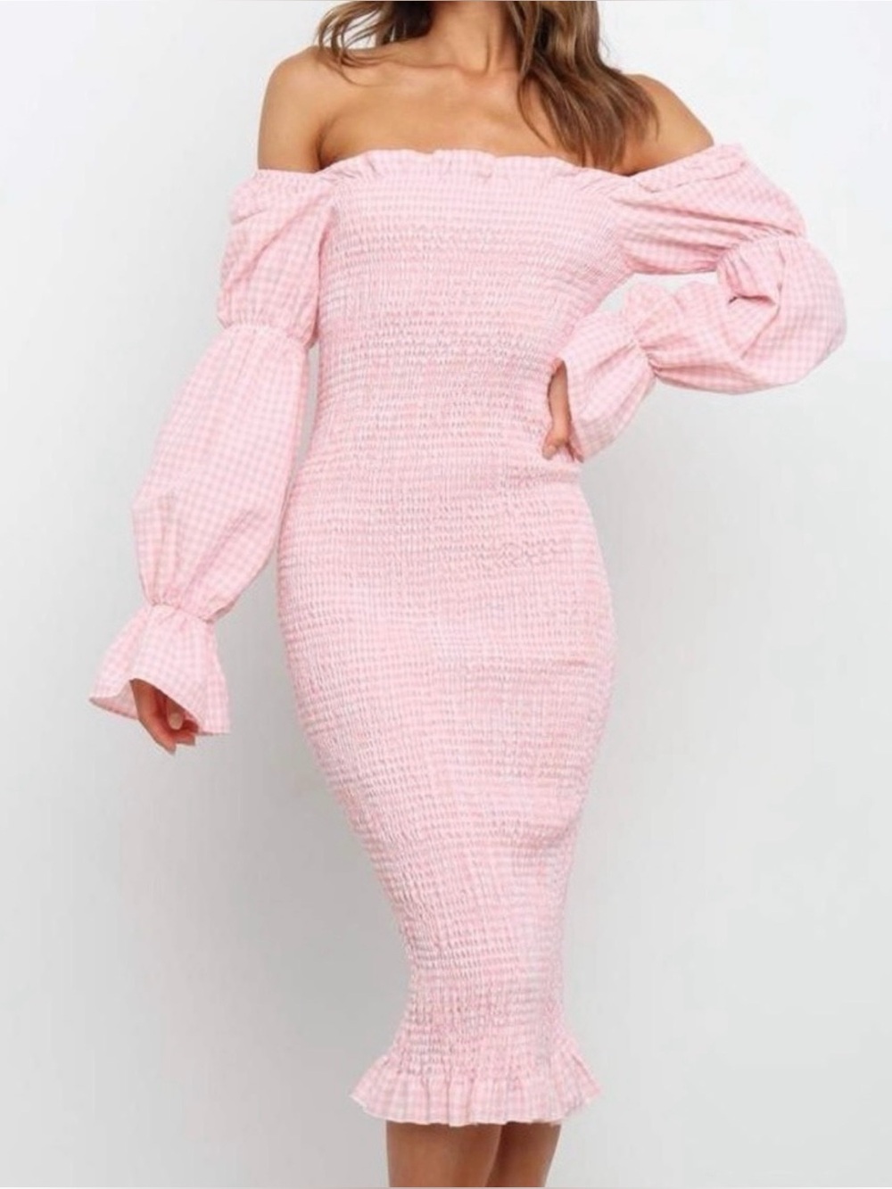 SNDYS Courtney Smocked Midi Dress - On / Off Shoulder - Pink Gingham